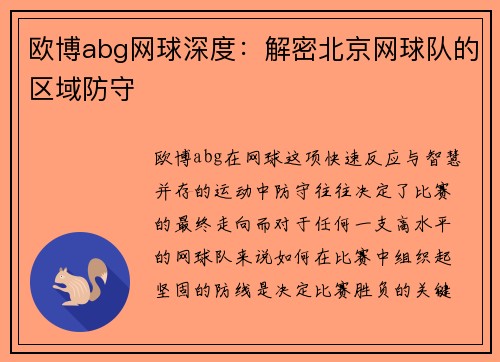 欧博abg网球深度：解密北京网球队的区域防守