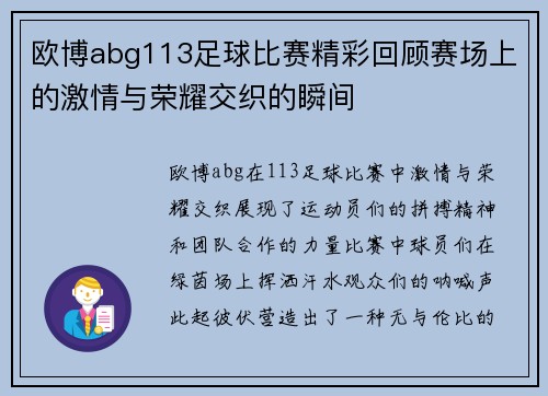 欧博abg113足球比赛精彩回顾赛场上的激情与荣耀交织的瞬间